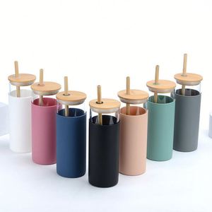 Personalized Silicone Sleeve <b>Bamboo</b> Straw <b>Bamboo</b> Lid Borosilicate Glass Cups - Product Image 1