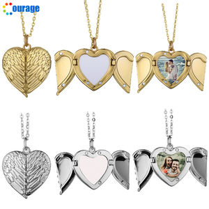 Vente en gros de collier aile d'ange à sublimation commémorative en or et argent Collier coeur à médaillon avec feuilles d'aluminium vierges - Product Image 4