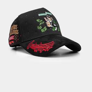 Casquette de baseball en suède doublée de satin avec broderie sur le thème musical des billets de dollars et des épingles métalliques, design avec strass, logo personnalisé, Gorras - Product Image 1