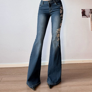 Jeans Retro Y2K para Mujer, Jeans Holgados con Bordado Floral, Pantalones Vaqueros Vintage de los Años 2000, Cintura Baja, Corte Acampanado, Pantalones Básicos de Estilo Urbano - Product Image 5