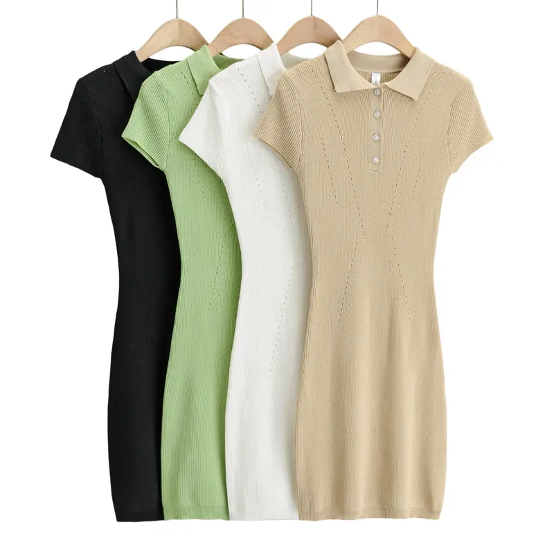 Women 2021 Dresses Solid Color Polo Collar Fashion Knit Short Sleeve Mini Dress Female