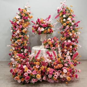 Décoration de fête en plein air, arrangements de fleurs rose vif, bouquet de fleurs artificielles, centre de table, guirlande de fleurs orange, arche de toile de fond - Product Image 2