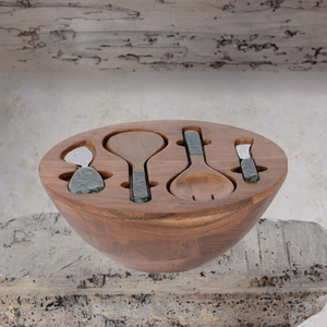 Bol de service en bois fait main avec porte-ustensiles et ensemble d'outils de service à poignée en marbre bleu fumé - Product Image 3