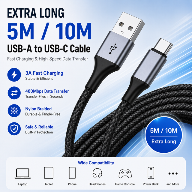 Extra Long 16ft 33ft USB C Cable 5m 10m Nylon Braided 3A Fast Charging USB a to Type C Cord for Game Controller and Tablet