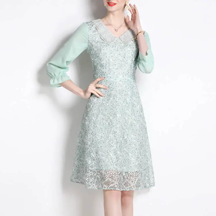designer 3/4 sleeve green bodycon lace dress for women's spring 2023 new a-line dress womens elegant