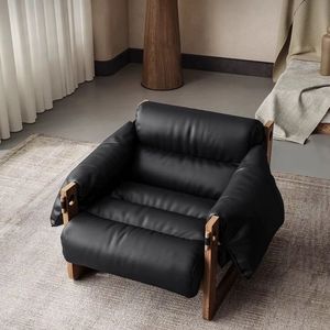 Fauteuil en cuir de style rétro italien, cuir ciré à l'huile, fauteuil simple pour salon, rembourrage en mousse - Product Image 1