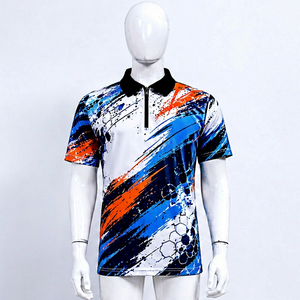 เสื้อโปโลผู้ชายแขนสั้นลายพิมพ์ดิจิทัล แห้งเร็ว ดีไซน์ซิป สีน้ำเงิน ส้ม ขาว ลายถัก 100% - Product Image 1