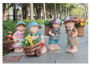 Statue en résine pour garçon et fille avec pot de fleurs, décor d'ornement de jardin extérieur - Product Image 4