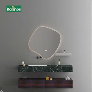 Meubles-lavabos flottants en bois naturel et blanc avec miroir LED rétroéclairé irrégulier, ensemble de meubles-lavabos muraux à double niveau - Product Image 1