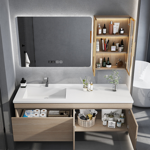 ตู้ห้องน้ำไม้เนื้อแข็งสุดหรูทันสมัย พร้อมอ่างล้างหน้าเคลือบเงาในตัวและกระจก - Product Image 3