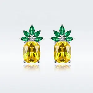 Hot Selling Qings 925 Sterling Silver Pineapple Stud Earrings with Yellow Green CZ Gift for Women Girls Wedding