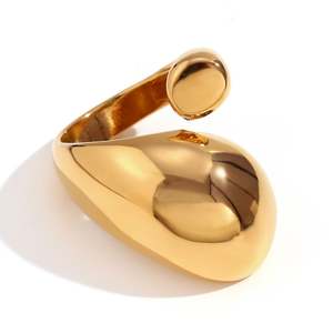 Stainless Steel Plated 18 k Pvd Gold Plated No Fading No Tarnish Large Water Drop Head Smooth <b>Open</b> <b>Ring</b> Women - Product Image 6