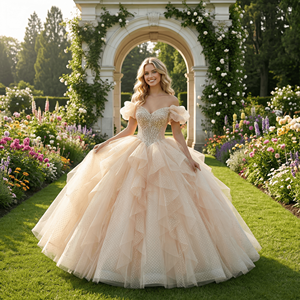 Robe de bal élégante avec appliques en champagne, broderie, perles, paillettes, taille naturelle, longueur au sol, couleur bonbon, fête, Quinceañera - Product Image 1