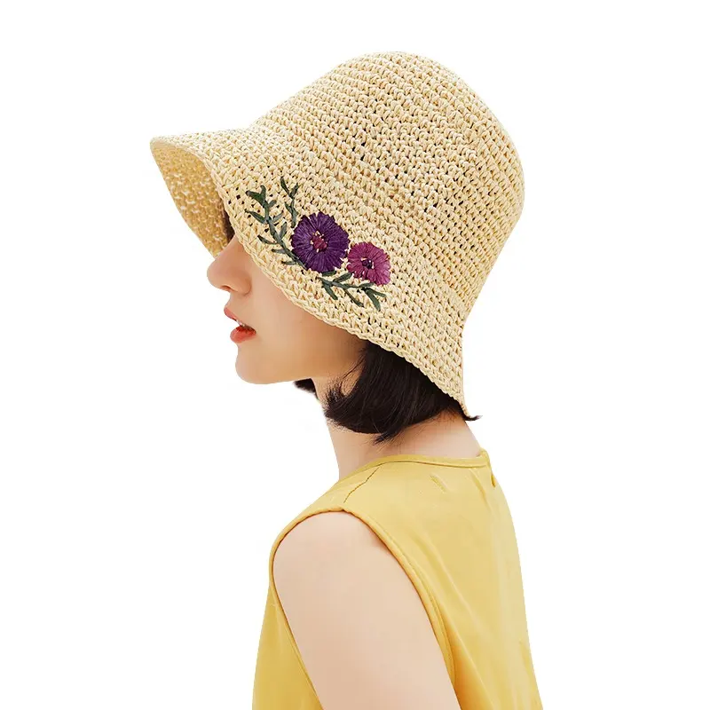 Ladies straw hat hand-woven hook fashion flower summer fisherman hat folding breathable outdoor bonnet sun hat