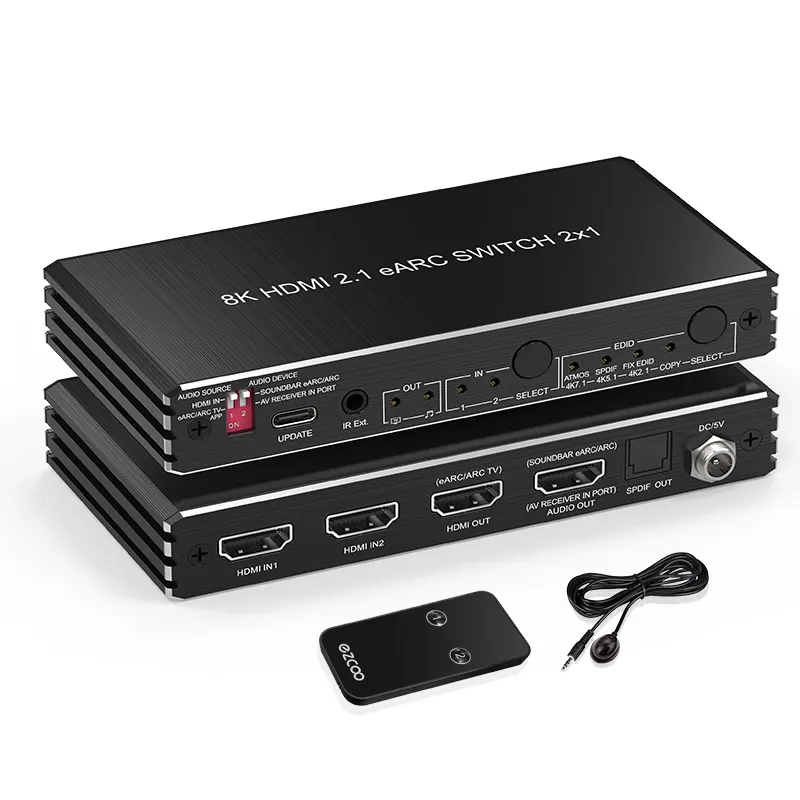 EARC switch 2x1 8k HDMI switch 4k sampai 4k @ 120hz 4:4:4 8bit HDCP 2.3 mendukung audio DE-kontrol CEC EARC