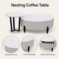 Table basse ovale moderne nordique crème avec plateau en bois, tiroir dissimulé, multifonctionnelle, gain de place, écologique pour salon