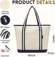 Sac fourre-tout en toile portable grande capacité pour femme avec fermeture éclair, 3 poches avant, 25L, idéal pour la plage, les week-ends, la piscine et toutes les occasions