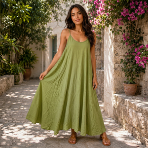 Women's Olive Spaghetti Strap Mini <b>Dress</b> Loose <b>Boho</b> <b>Summer</b> Casual Nonwoven Viscose Breathable Eco-Friendly Solid Plain Dyed - Product Image 1