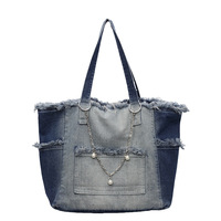 Sac fourre-tout décontracté et polyvalent en jean dégradé, nouveau style, avec fermeture éclair et pompon, grande capacité