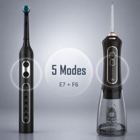 E7+F6 Paket Perawatan Mulut, Sikat Gigi Elektrik Berputar 5 Mode & Alat Semprot Air Portabel, Set Pembersih Gigi IPX7 Isi Ulang USB