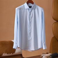 Kemeja Pria Kasual Campuran Wol Lengan Panjang Slim Fit Anti Kusut Formal Bisnis Kantor Kancing Depan Logo Custom Grosir