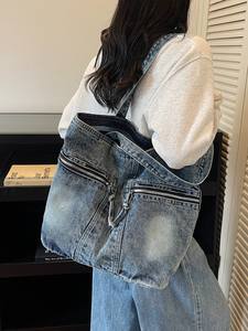 กระเป๋าโท้ทผ้าเดนิมสไตล์วินเทจลำลองแบบใหม่ ล้างสีแล้ว มีหลายช่องใส่ของ เหมาะสำหรับคุณแม่ ใช้สะพายไหล่เดียวสำหรับผู้หญิง - Product Image 6