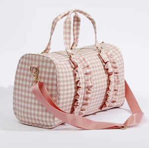 全新设计师大容量带隔层格子可折叠女式棉褶边行李袋 - Product Image 2