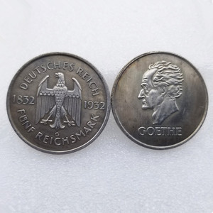 Réplica de Moneda Alemana de la República de Weimar, 5 Marcas, 1932, Berlín, Goethe, Moneda Retomada - Product Image 1