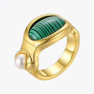Latest High Quality 18K Gold Plated Brass Jewelry Natural Malachite Stone Finger Rings R214090