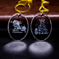 Ornements de Noël en cristal facetté rond de 70 mm, pendentifs Père Noël et rennes gravés au laser 3D avec cordon pailleté doré