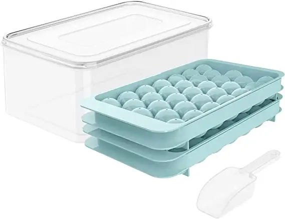 Hot Sell 33 Cavity Mini Ice Cube Bandeja Redonda Reutilizável Longo Molde De Gelo Cube Maker Bandeja De Silicone Com Tampa