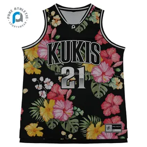 Custom logo Hawaii basketball jerseys singlets Flower Tropic graphic basketball jersey casual wear tattoos basketball jersey