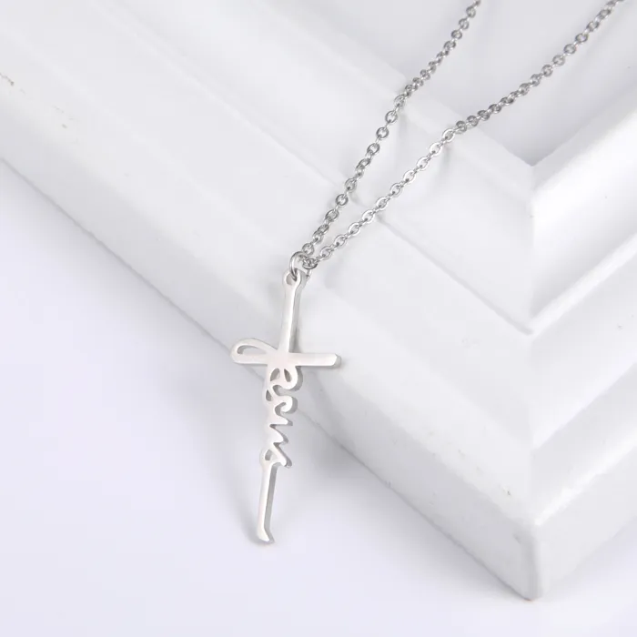 New Arrival Christian Men Women Jewelry 'JESUS' Shape Silver/gold/rose Gold Stainless Steel Jesus Cross Pendant With Chain