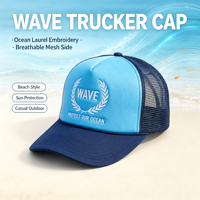 Casquette Trucker Thème Océan Wave Protect avec Broderie Couronne de Lauriers Personnalisée, Bleu Clair et Bleu Marine, en Mousse et Maille, Idéale pour la Plage