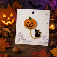 Broche en émail souple Halloween Jack O' Lantern, chat noir, chaîne dorée, citrouille, vente en gros, badge en métal personnalisé