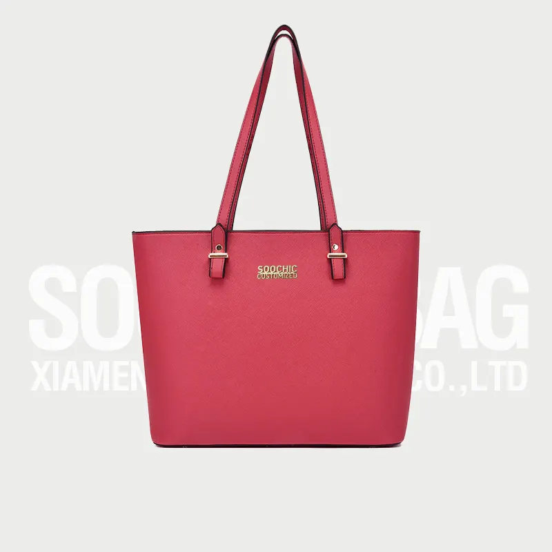 Soochic Dress Rose Red Simple Golden Logo Tote Bag Luxury Women Vegan Leather Handbag Customized Non-removable Top Zipper Purses