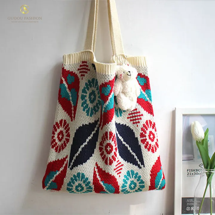Sac à tricoter sacs à main boho floral épaule mini bouton à carreaux crochet sac à bandoulière fait main bohemianswe ater sac en tricot