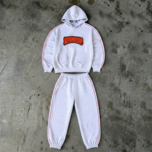 Conjunto de Sudadera con Capucha y Pantalones Blancos para Niños, Estampado de Letras, Rayas, Estilo Hip Hop, 2 Piezas - Product Image 1