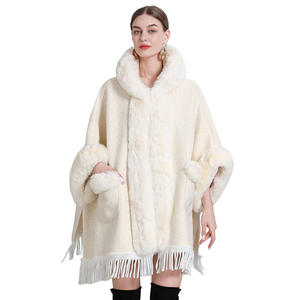 Poncho <span class=keywords><strong>en</strong></span> fausse fourrure pour femme Veste <span class=keywords><strong>polaire</strong></span> avec pompons <span class=keywords><strong>en</strong></span> laine mélangée <span class=keywords><strong>Cape</strong></span> coupe-vent <span class=keywords><strong>en</strong></span> fourrure <span class=keywords><strong>Cape</strong></span> de mode - Product Image 1