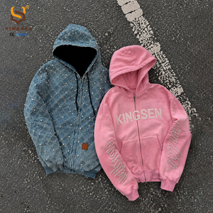 Blouson à capuche zippé en jean épais délavé à l'acide, personnalisé, unisexe, vintage, avec broderie 3D de perles et strass, pour homme - Product Image 1