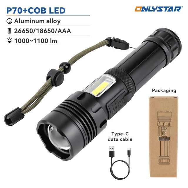 XHP70 LED Zoomable Tactical Flashlight with COB Side Light USB Rechargeable Torch Light Waterproof Outdoor Emergency Light