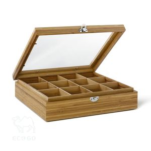 Boîte à thé en bambou Boîte de rangement en bois à 12 compartiments avec fenêtre - Product Image 1