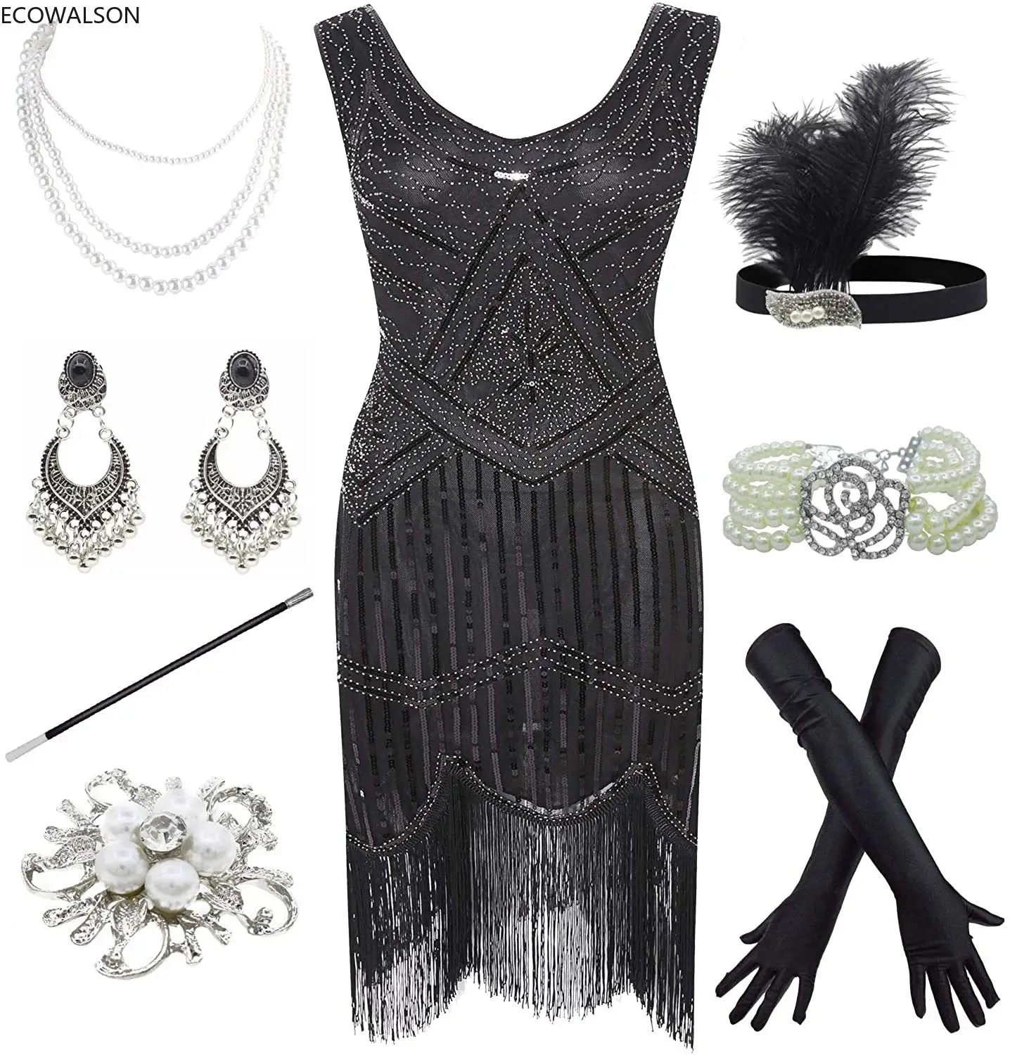 Ecowalson Women Costumes 1920s Great Gatsby Fringed Paisley Flapper Dress with 20s Accessories Set Sexy Party Bodycon Vestido