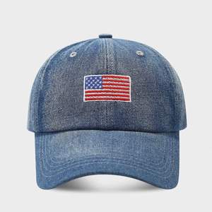 Wholesale Cotton Common Vintage 6-<b>Panel</b> <b>Light</b> Blue Denim Baseball Cap Sublimation Embossed Printing American Embroidery USA Flag - Product Image 5