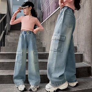 Pantaloni Casual Lunghi per Ragazze 2-10 Anni, <span class=keywords><strong>Jeans</strong></span> a Vita Elastica, Gamba Larga, Pantaloni in Denim per Bambine - Product Image 3