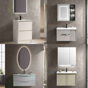 Mueble de Baño Flotante de PVC Gris Oscuro sin Tiradores con Doble Cajón y Espejo Redondo con Retroiluminación LED para Hogar y Hotel - Product Image 2