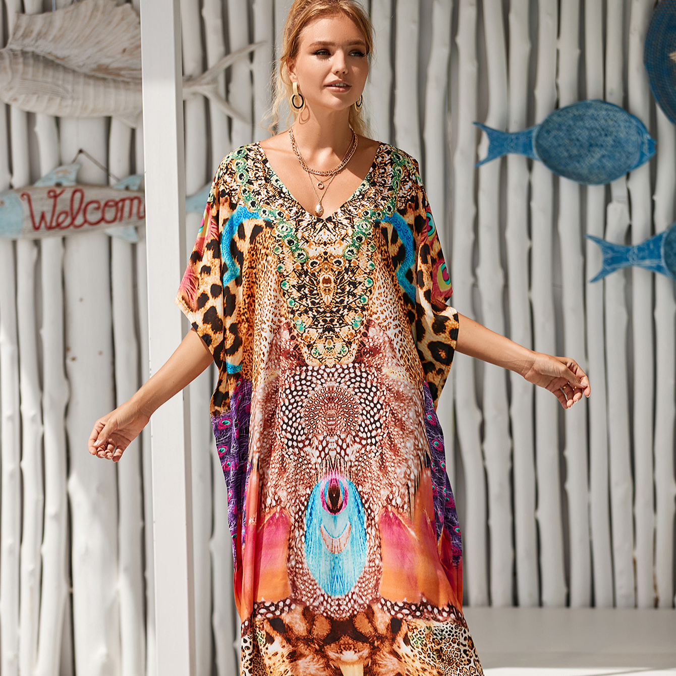 Best Selling Tiger Kaftan High Quality Cotton Maxi Dress for Women