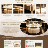 Comptoir de présentation de bijoux en verre incurvé rond avec éclairage LED, cadre en métal doré de luxe, vitrine pour la présentation de bijoux, mobilier de présentation de bijoux