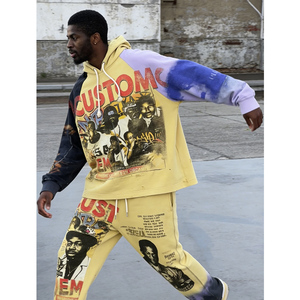 OEM Custom Pattern Printing Streetwear Digital Printing Color Blocking 2-piece Heavyweight 400 GSM Zipper-up Men's Hoodie Set - Product Image 3