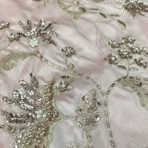 pink color bamboo fabric with metallic hand embroidery beaded sequined lace fabric shining design for dress or clothing